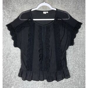 GAP Sheer Gauze Top Womens Sz Medium Tall Black Lace Trim Scoop Neck Ruffle Hem